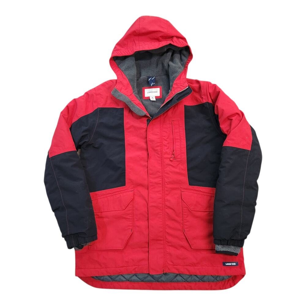 Lands' End Boys Youth Red Black Hooded Fleece Lined Coat Jacket Size XL 18-20